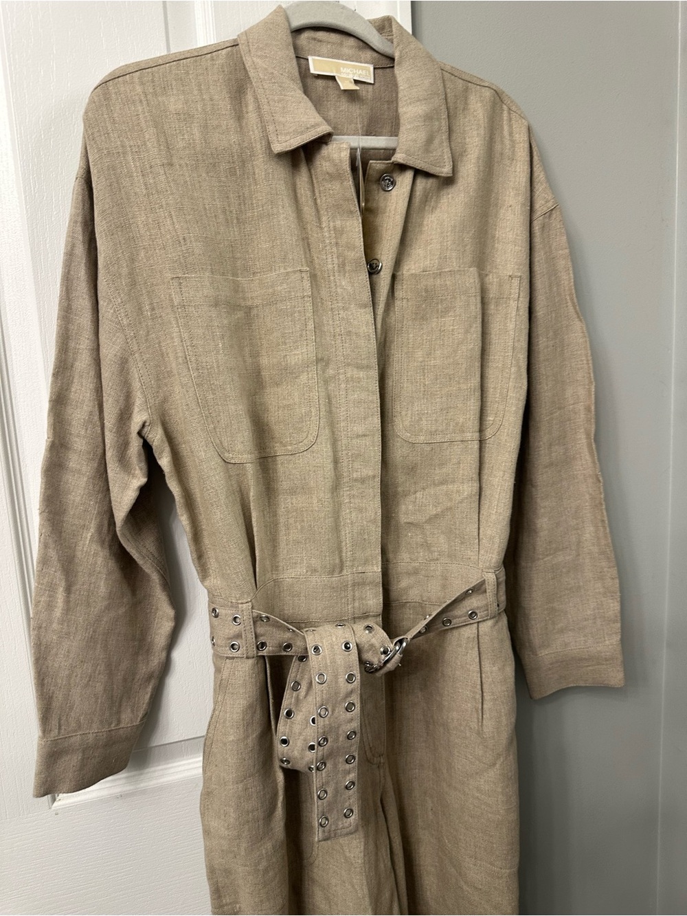 Linen Utility Belted Trench Jumper - Beige
